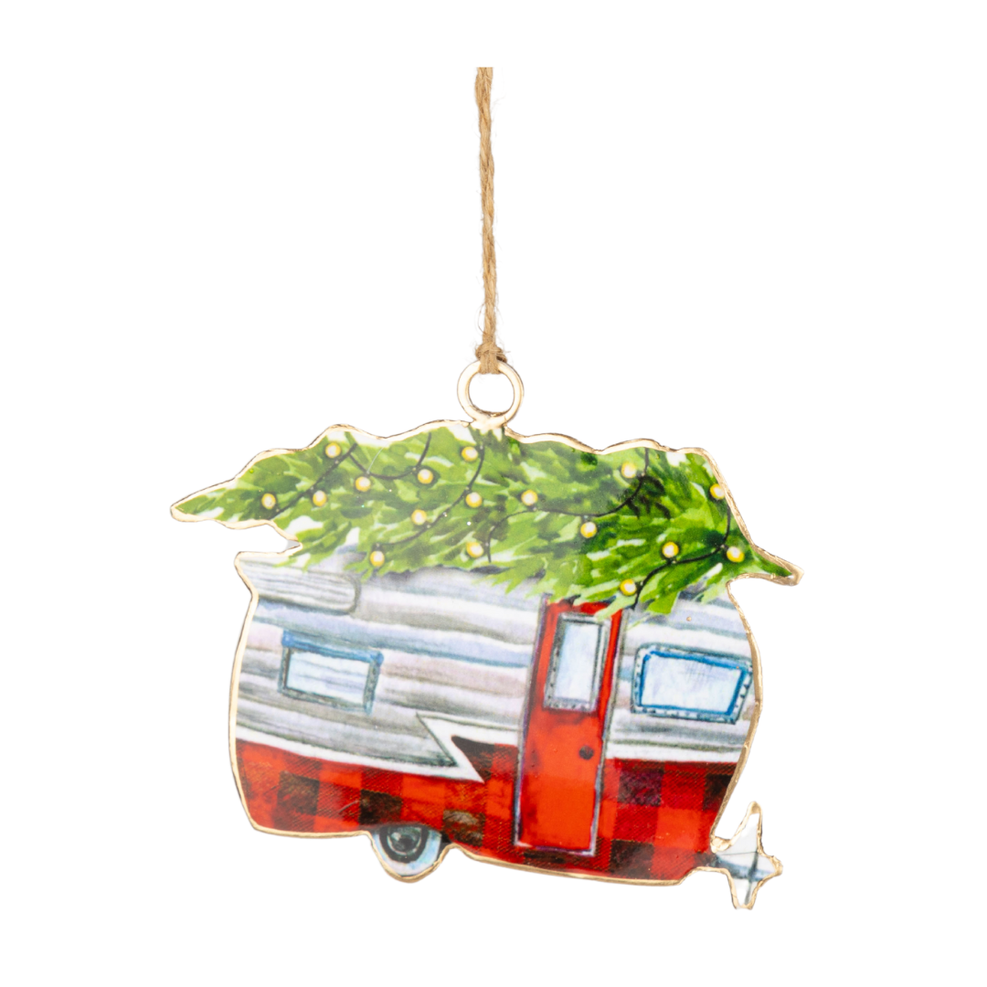 Metal camper ornament, red and silver with green tree on roof, 4 in  12            