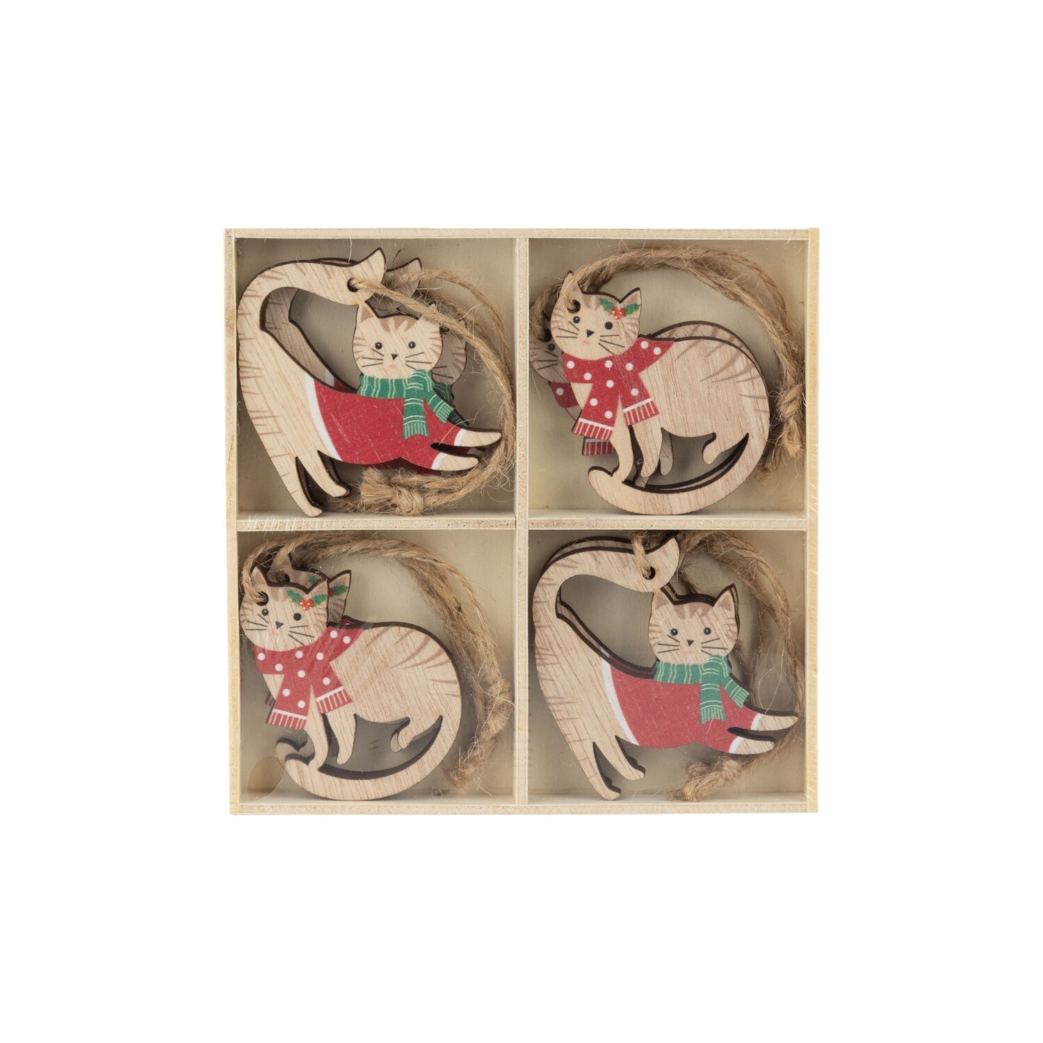 Set of 8 printed wood cat mini ornaments in wood box, each 2.5 in  6      