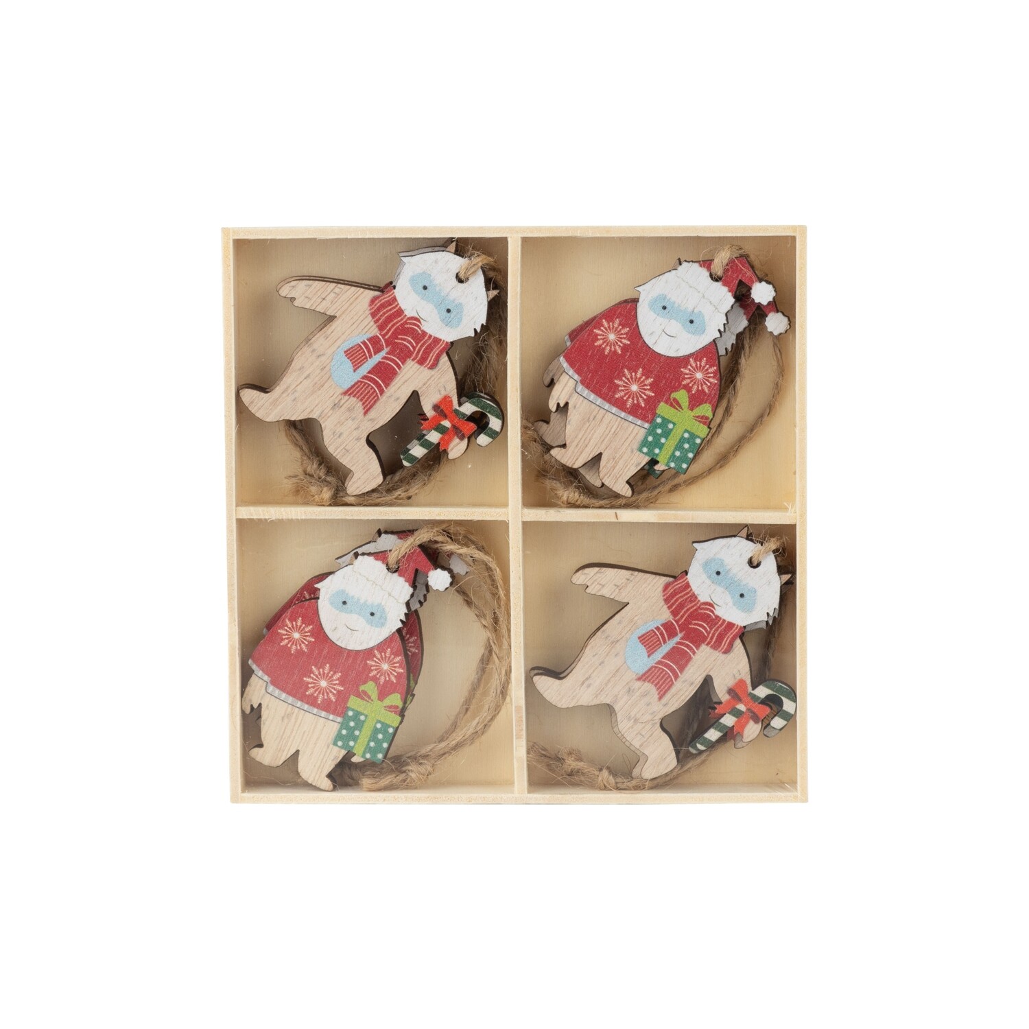 Set of 8 printed wood yeti mini ornaments in wood box, each 2.5 in  6            