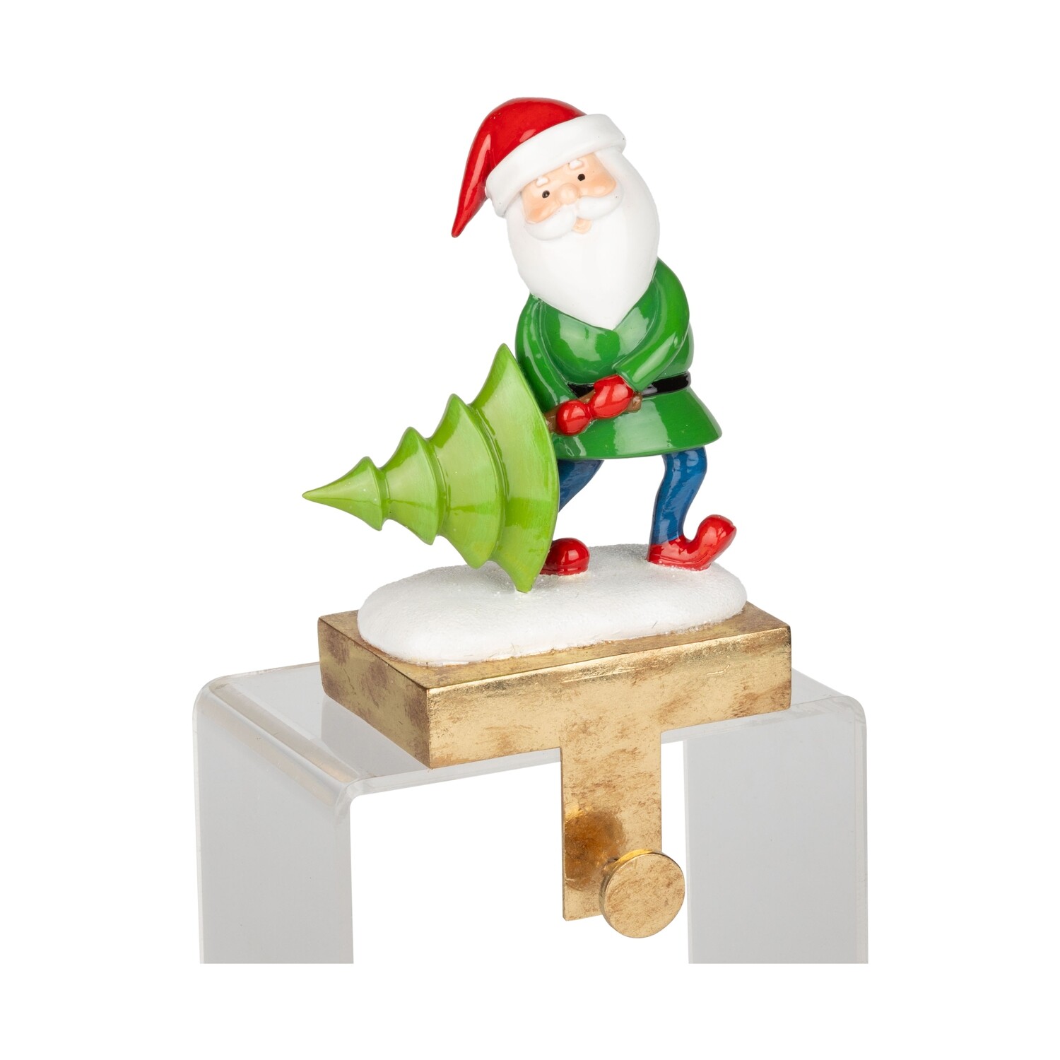 Resin Santa stocking holder, Santa in a green coat pulling a green tree on a cast metal gold base, 9 in  6            