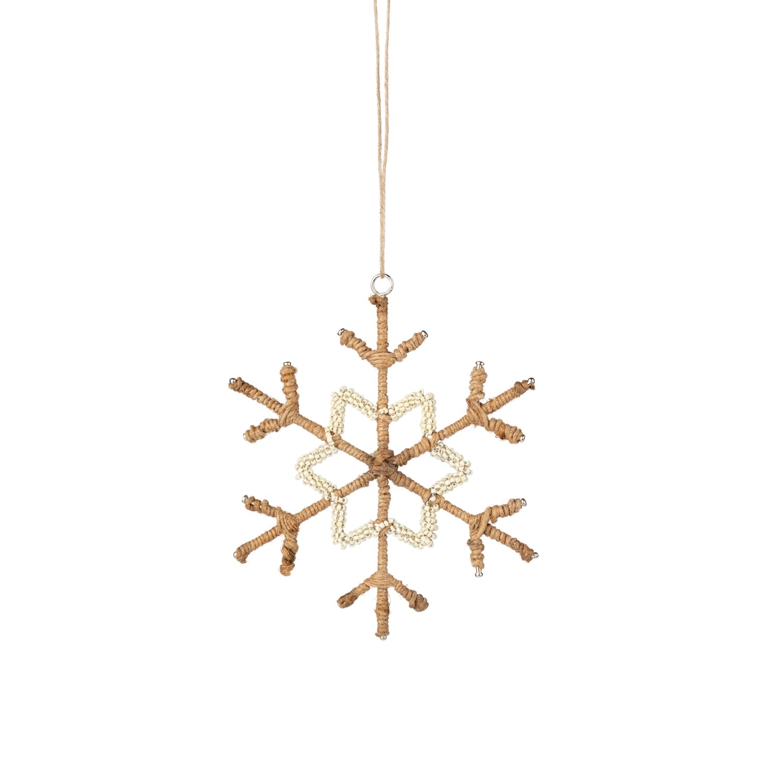 Jute and white bead snowflake ornament, 5 in  12            