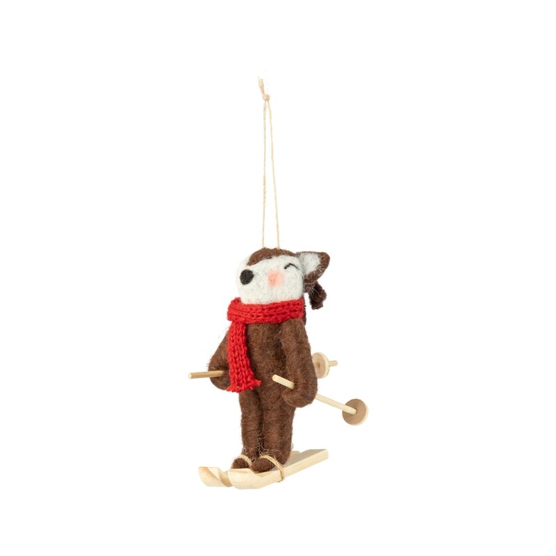Wood and felt reindeer on skis ornament, brown body with red scarf, 4 in  6            