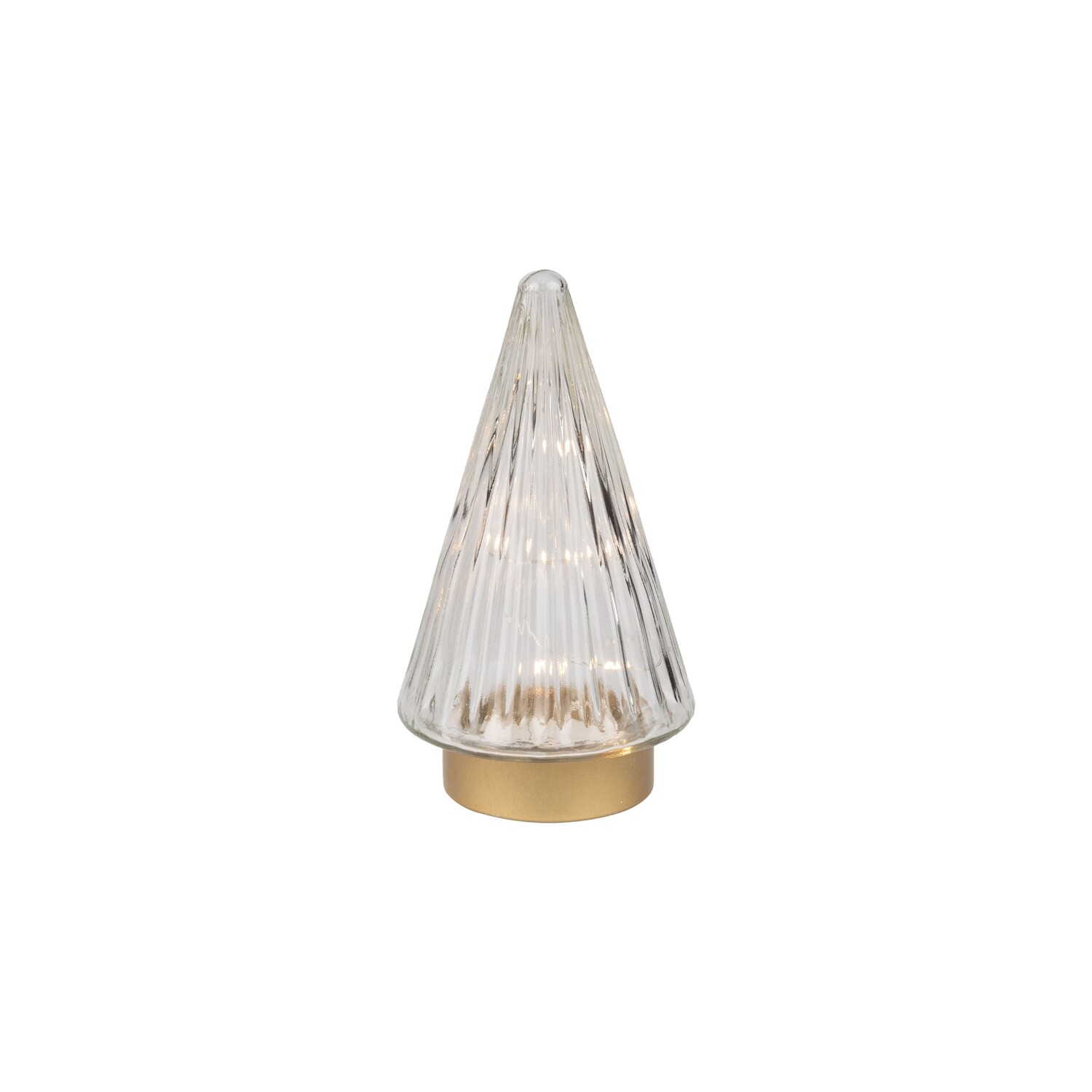 Glass cone tree table piece, LED light, clear textured glass on gold metal base, 7.75 in  6            