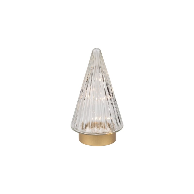 Glass cone tree table piece, LED light, clear textured glass on gold metal base, 7.75 in  6            
