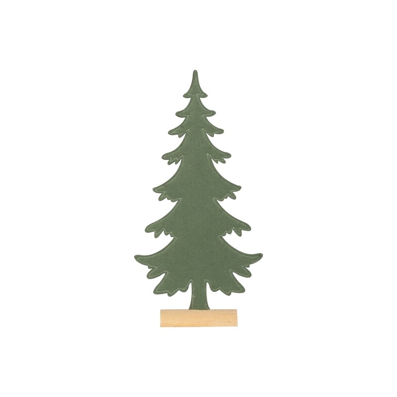 Felt pine tree table piece, green on natural wood base, 16.5 in  12      