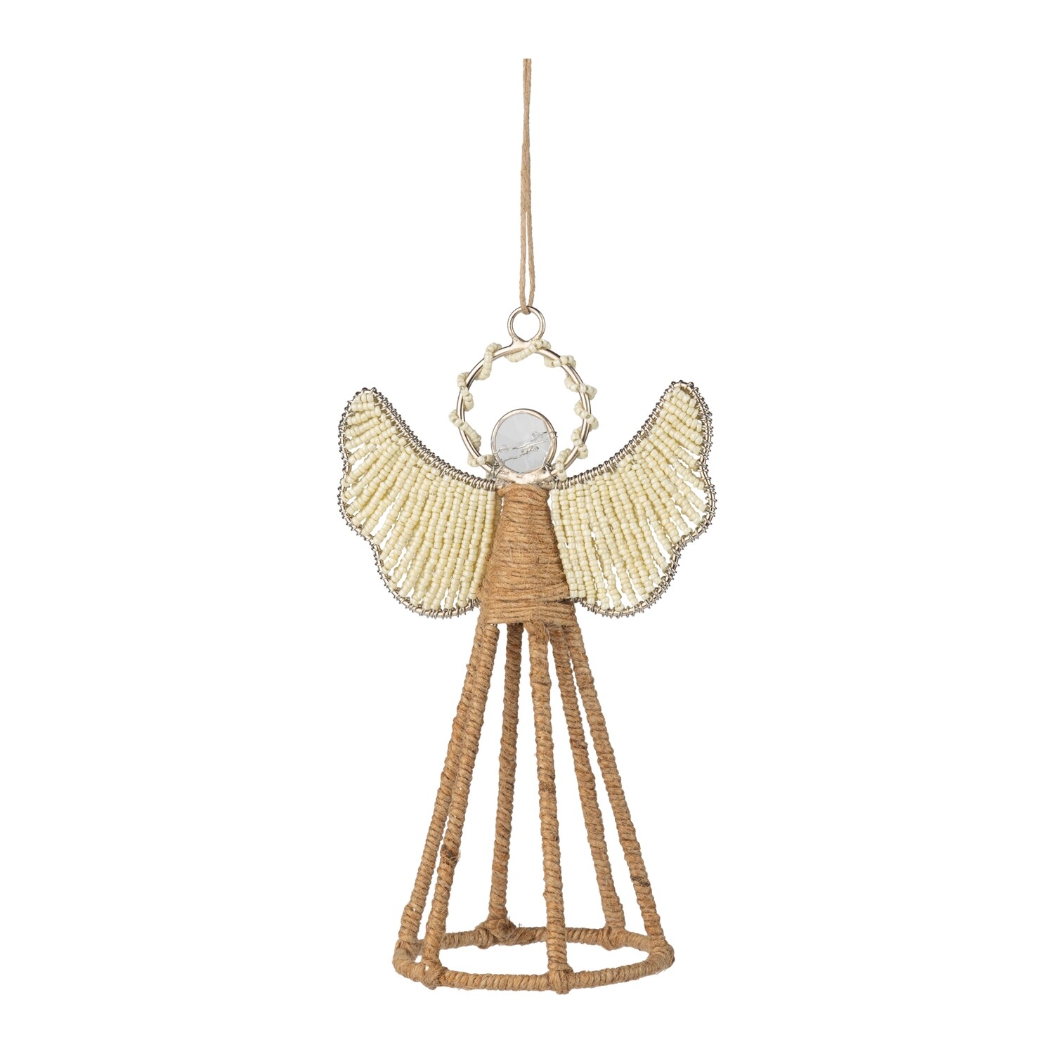 Bead and jute angel ornament, natural frame and cream bead wings, 6 in  6            