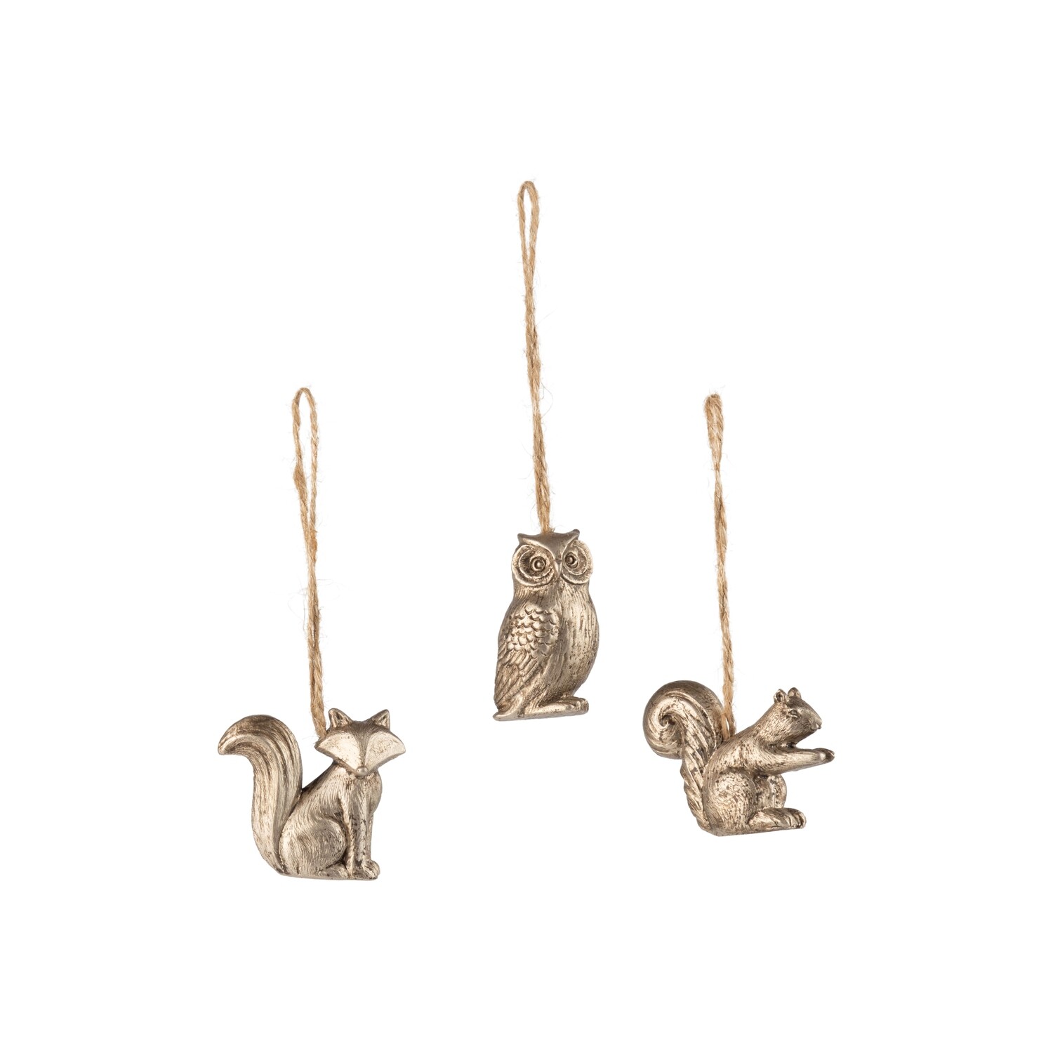 3 Asst&#39;d resin forest animal ornament, pewter squirrel, owl and fox, 2 in  24      