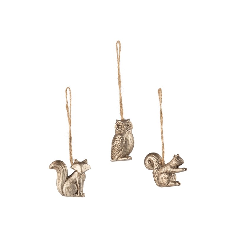 3 Asst&#39;d resin forest animal ornament, pewter squirrel, owl and fox, 2 in  24      