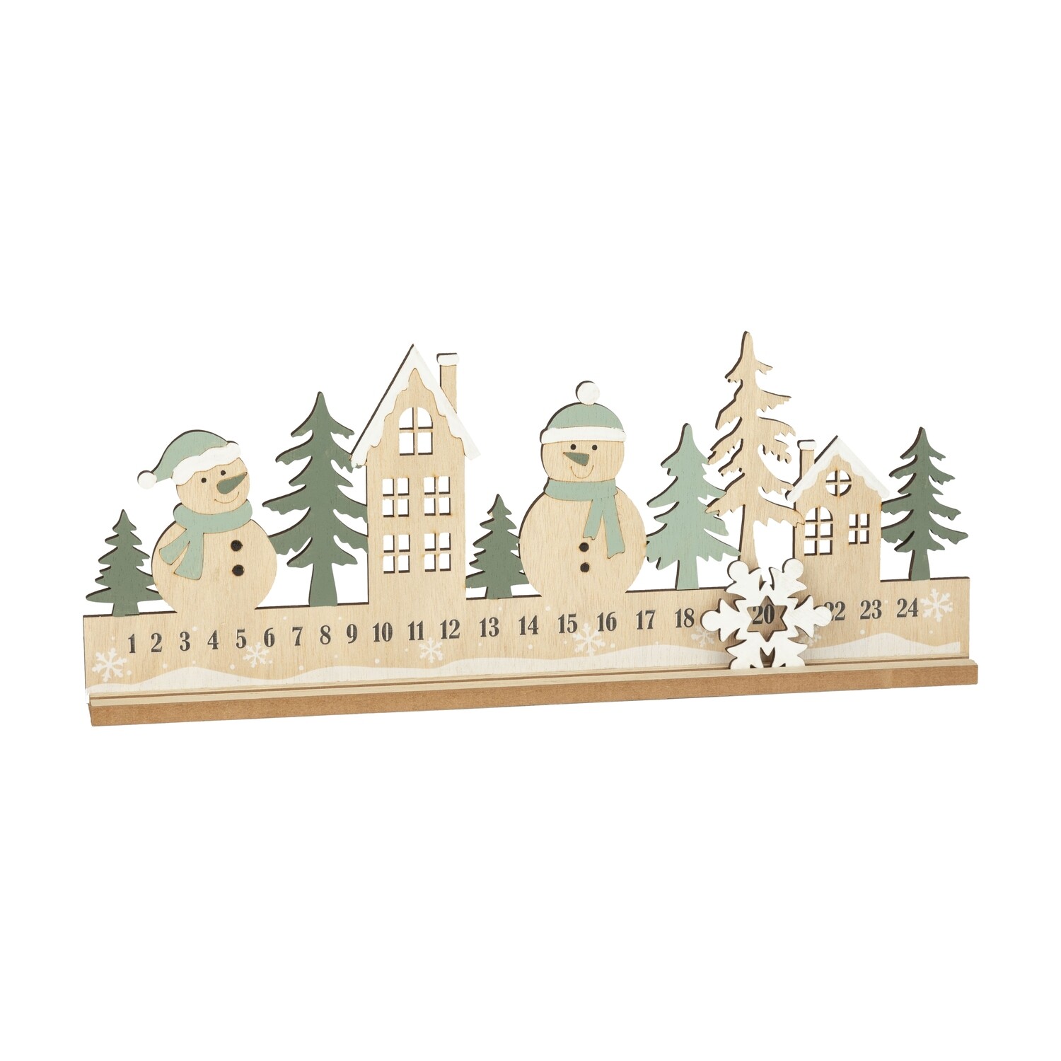 Wood advent calendar, natural wood and light green snowman village on wood base, moveable snowflake, 15.75 in  12      