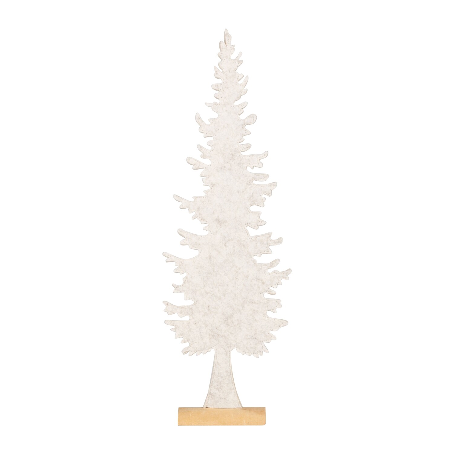 Felt balsam fir tree table piece, antique white on natural wood base, 22.5 in  6      