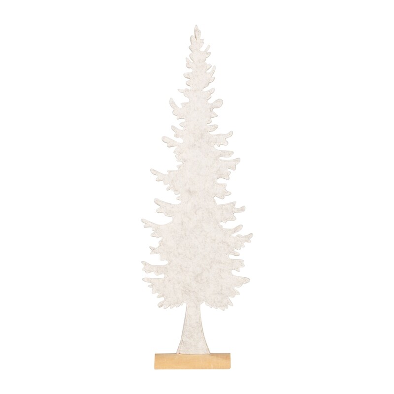 Felt balsam fir tree table piece, antique white on natural wood base, 22.5 in  6      