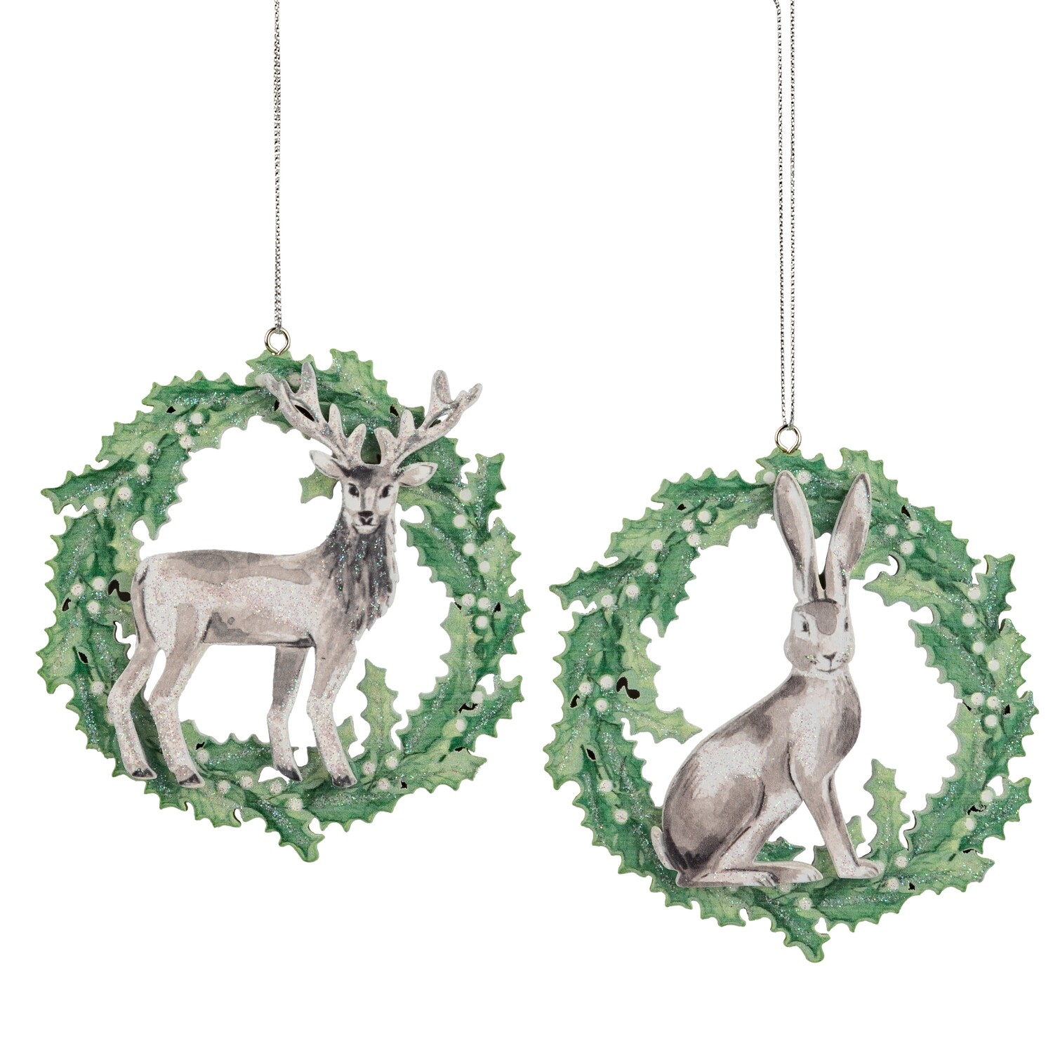2 Asst&#39;d screen printed wood white rabbit and stag in green wreath ornament, 4 in  24            