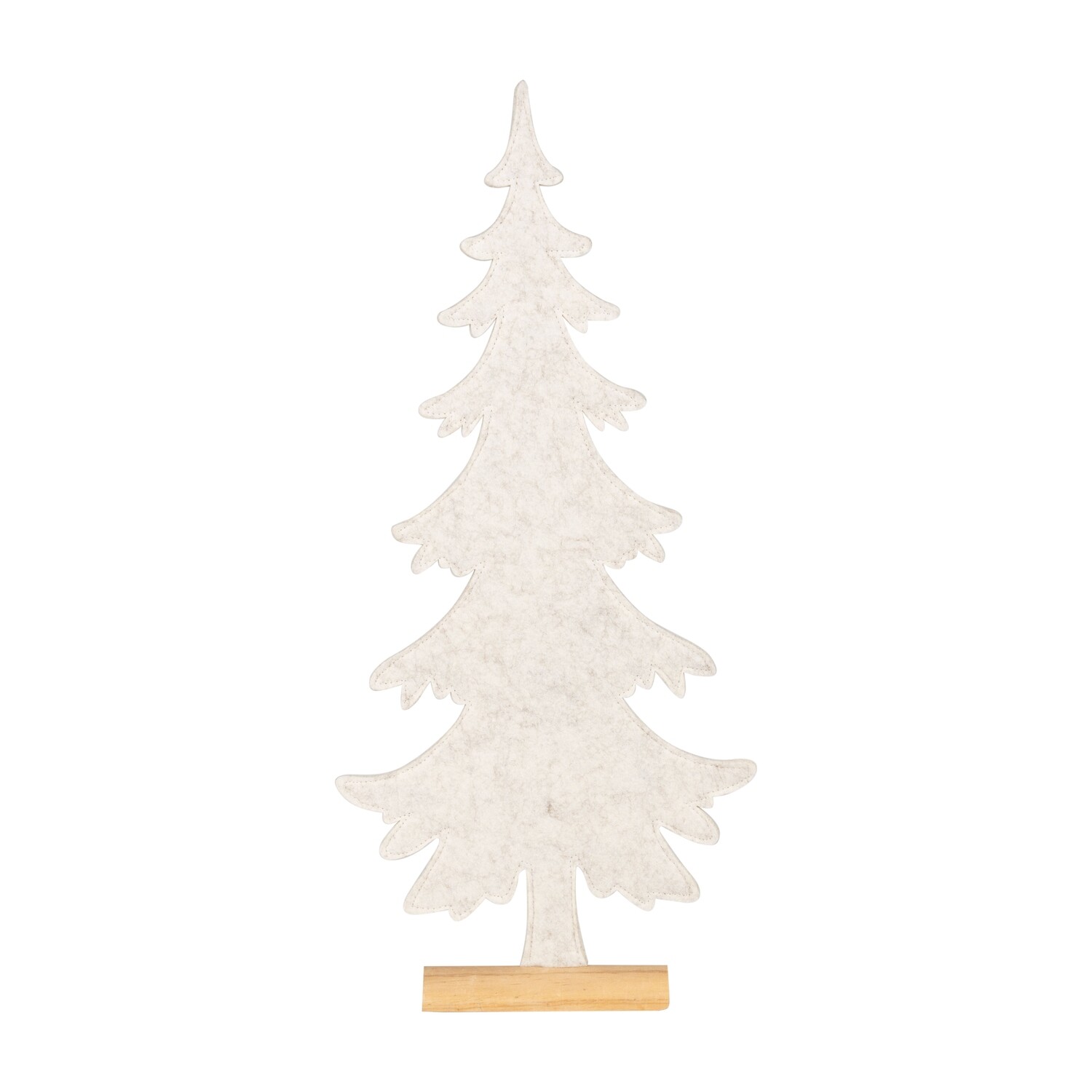 Felt pine tree table piece, natural white on natural wood base, 22 in  6