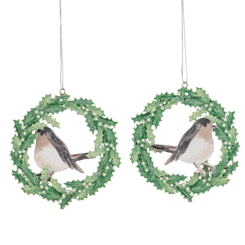 Screen printed wood bird in green wreath ornament, 4 in  12            