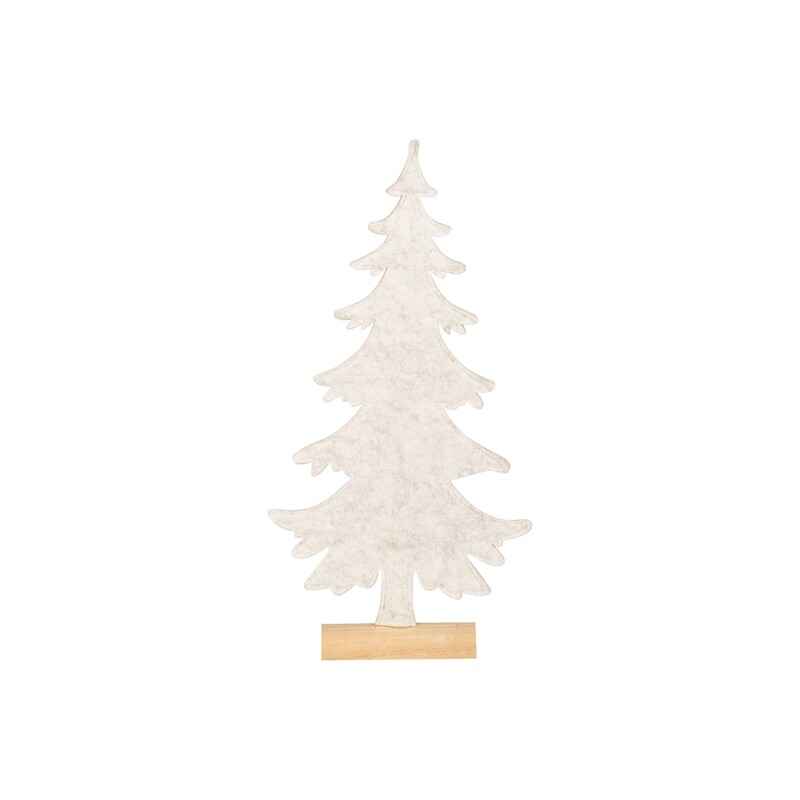 Felt pine tree table piece, antique white on natural wood base, 16.5 in  12      
