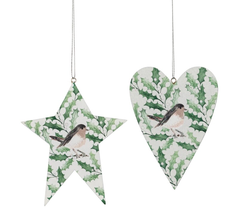 2 Asst&#39;d screen printed wood white heart and star with center bird ornament, 4.75 in  24            
