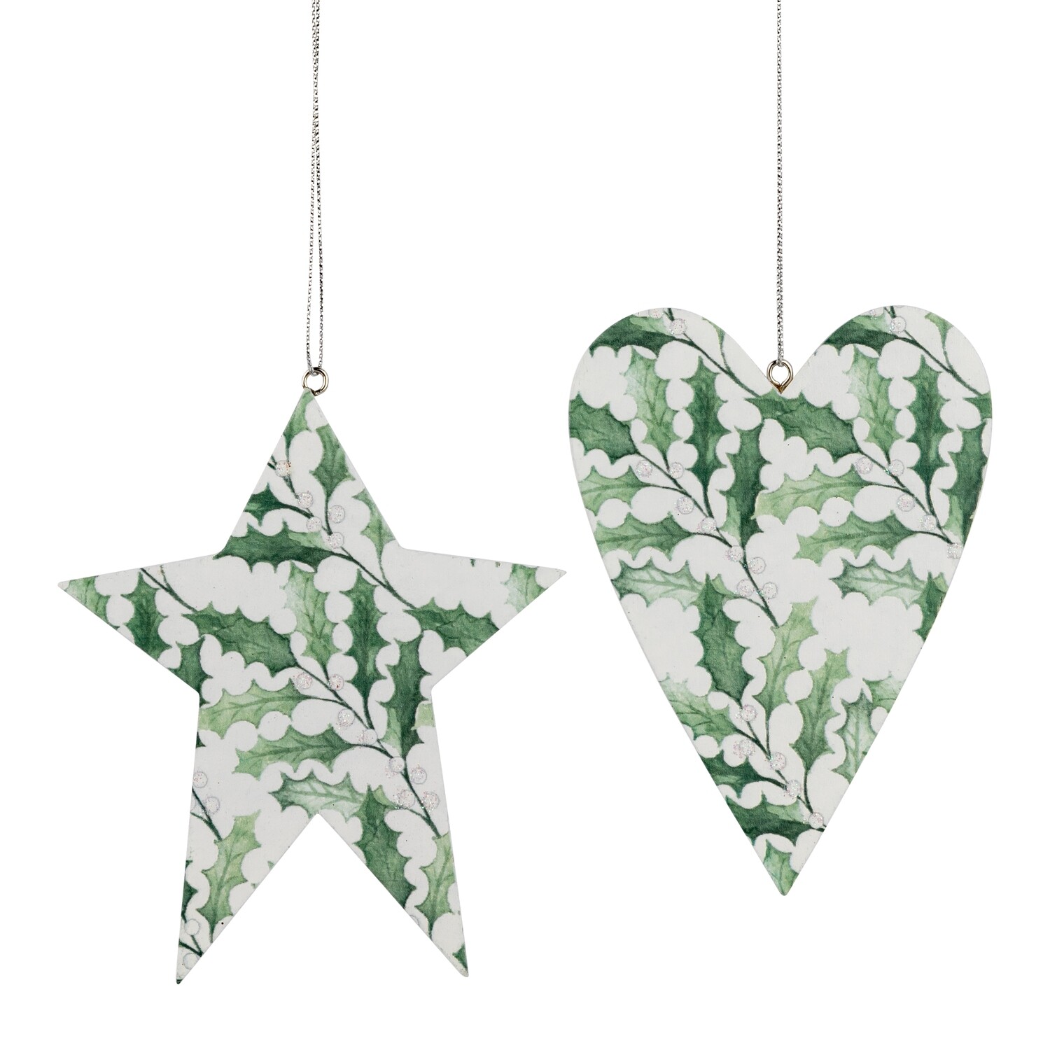 2 Asst&#39;d screen printed wood white heart and star holly ornament, 4.75 in  24            