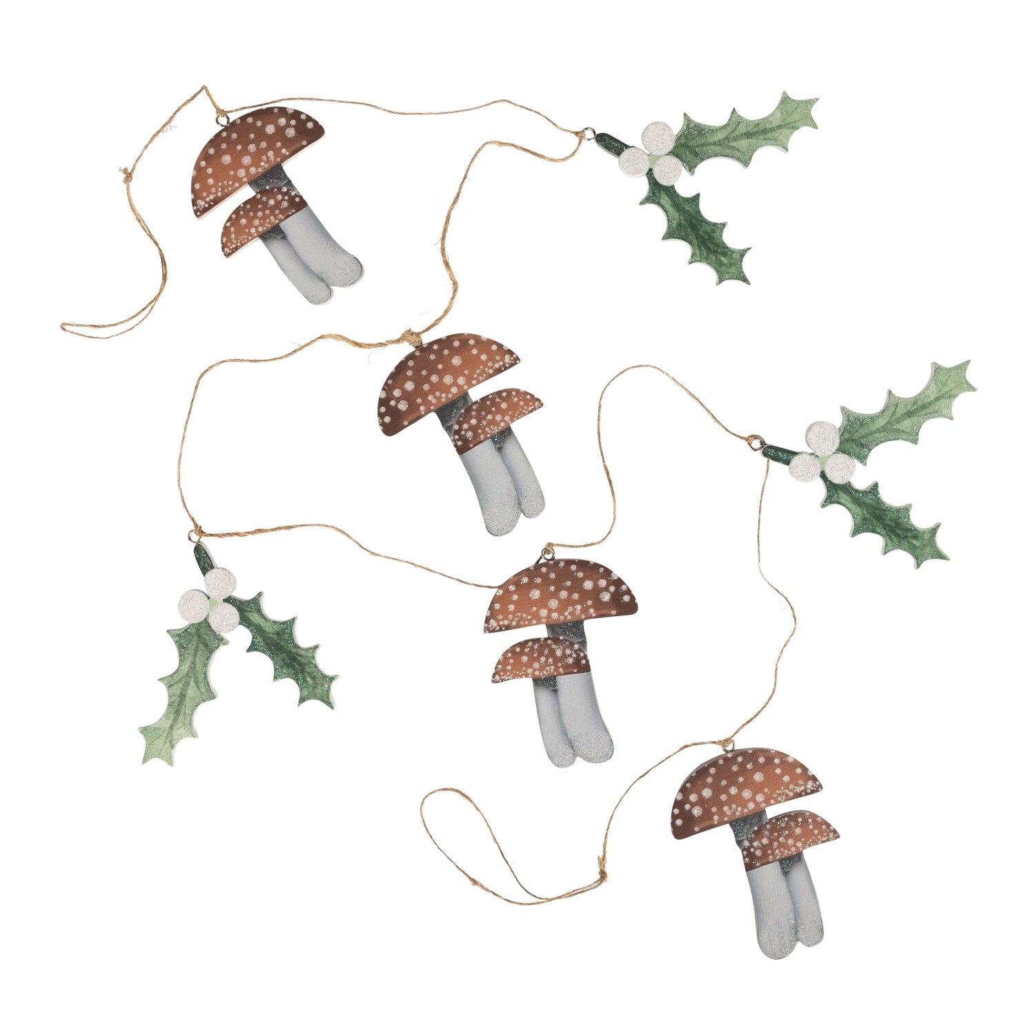 Screen printed wood natural and white mushroom with green holly garland, 47 in  6            