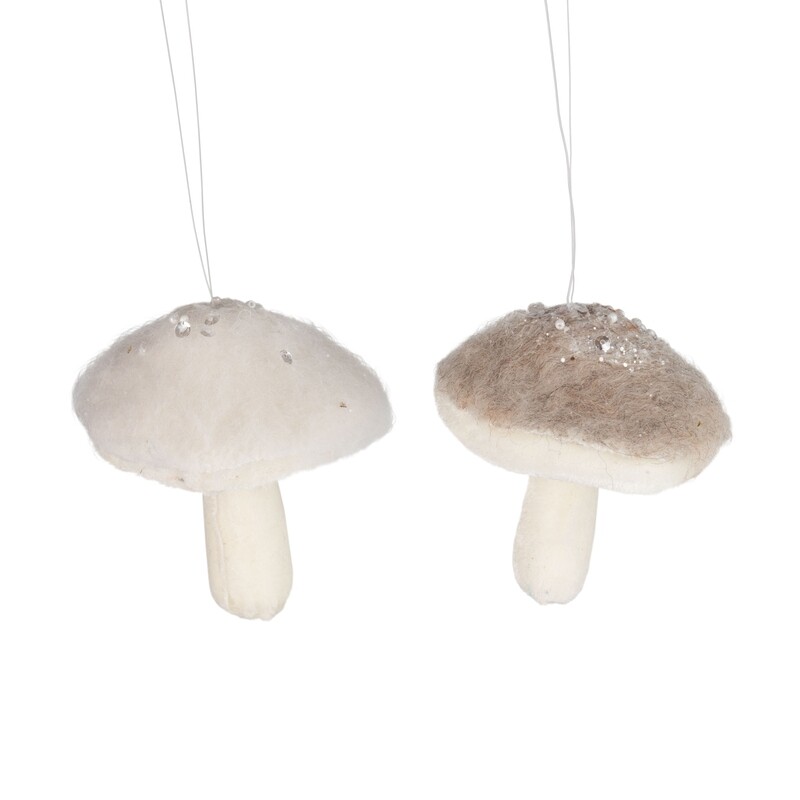 2 Asst&#39;d felt mushroom ornaments, grey and white with bead tops, 3 in  12            