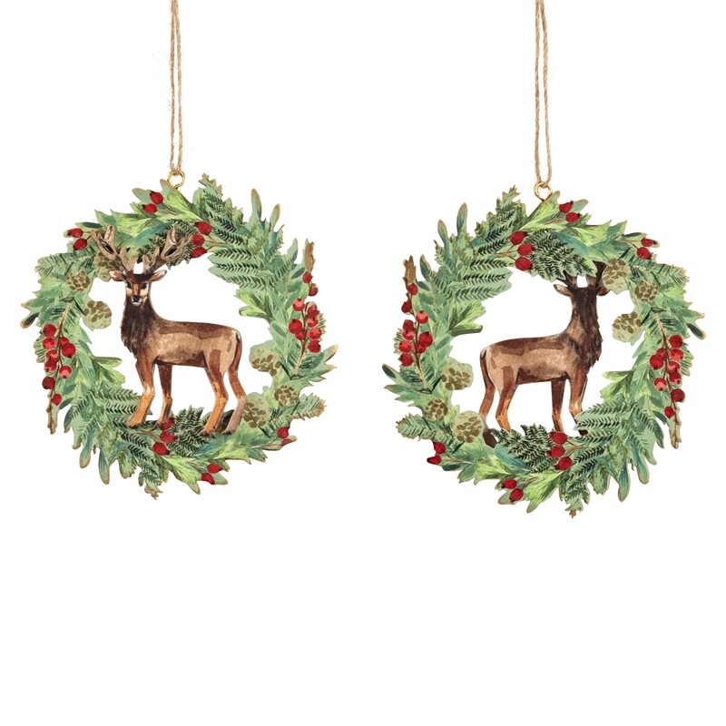 Screen printed wood stag in wreath ornament, 4 in  24      