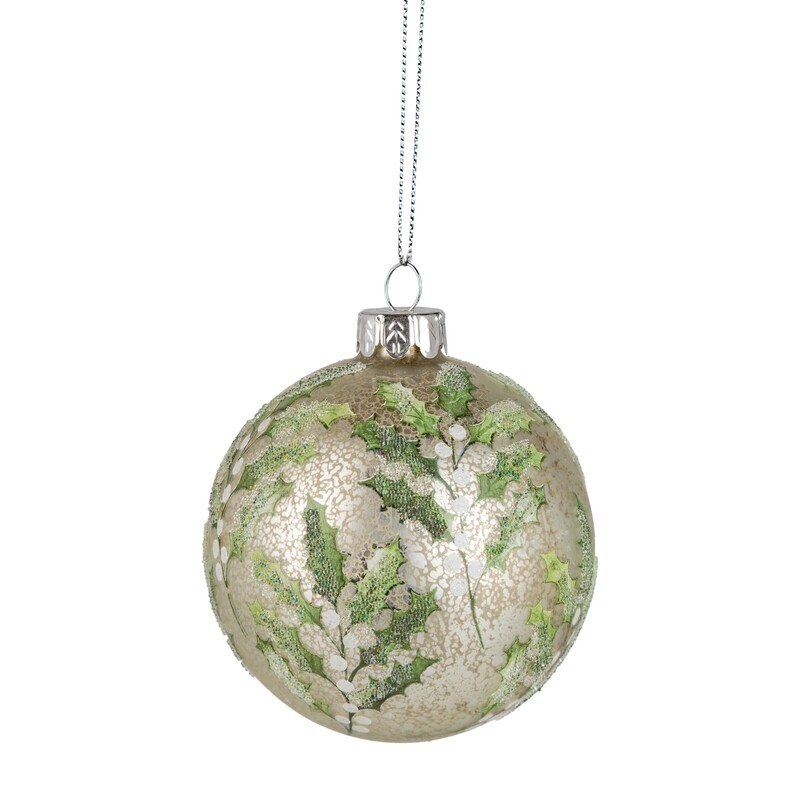 Glass ball ornament, matte antique silver with holly print, 80mm/3 in  12      