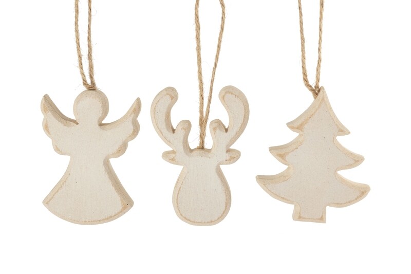 3 Asst&#39;d wood ornament, antique white tree, angel and moose, light natural edge, 3 in  24            