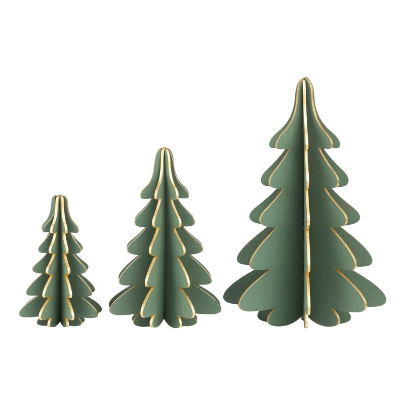 Set of 3 Painted matte green 3D wood table top tree with matte gold edges, 8+6+4 in  3 -Z08 -25NP -S04/25