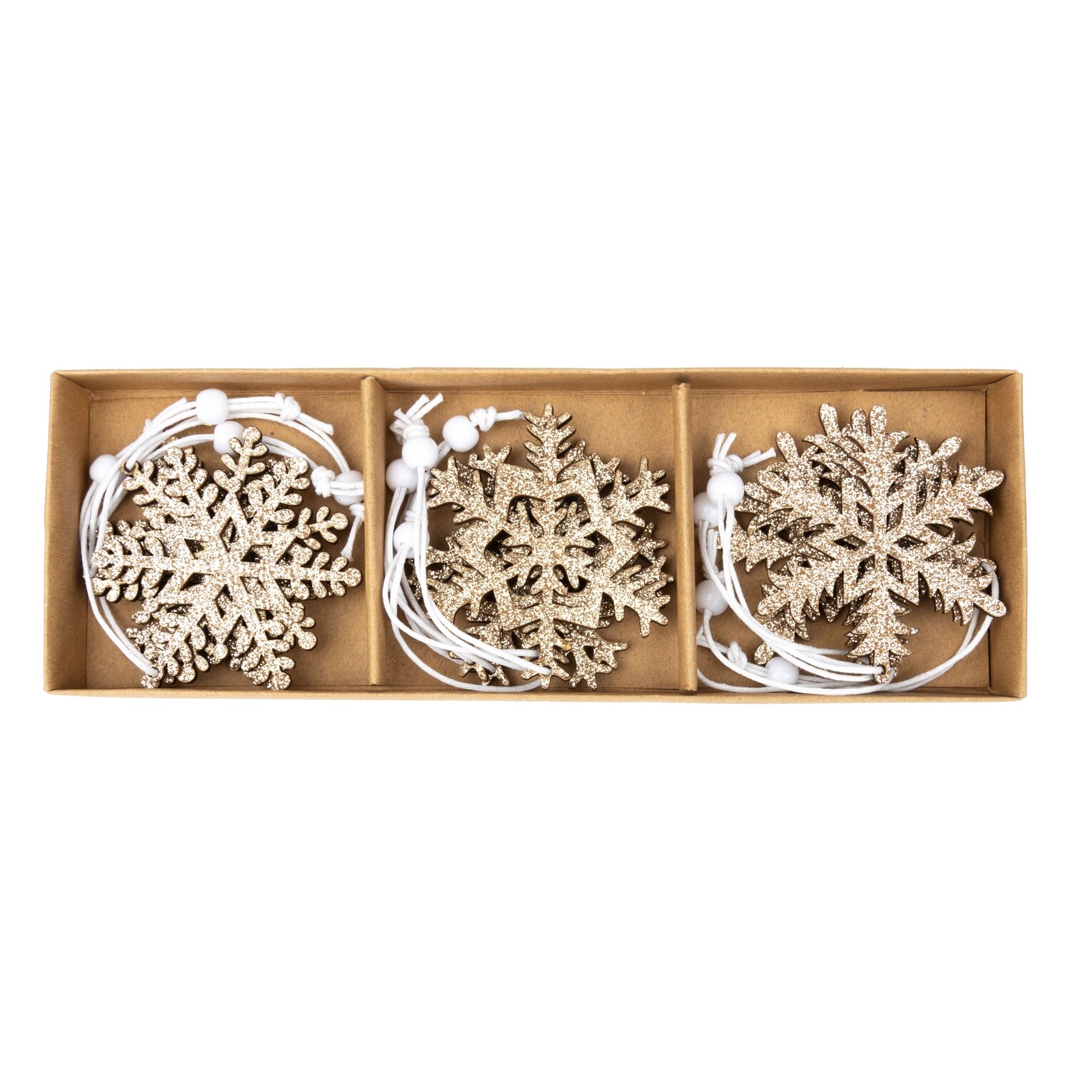 Set of 6 glittered wood assorted snowflake shape ornaments, champagne gold, each 1.75 in  6            