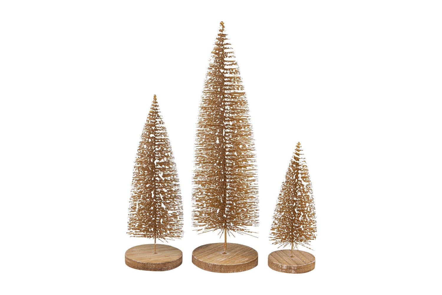 Set of 3 bristle tree, gold on natural wood round base, 4 in  3            