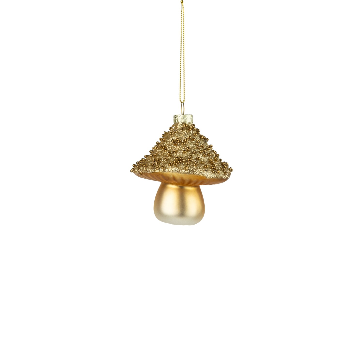 Glass mushroom ornament, gold with green top, beaded glitter cap, 2.5 in  12      