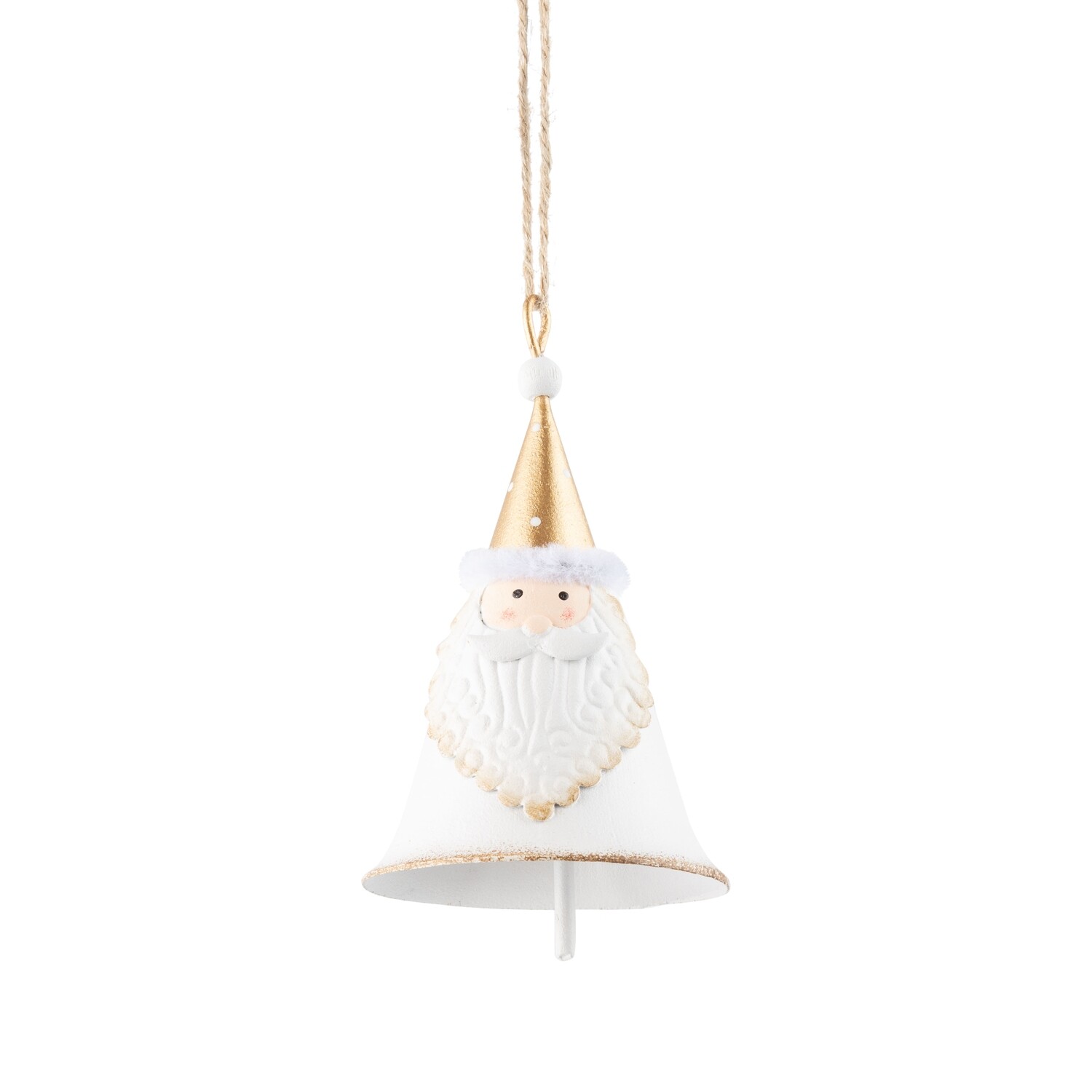 Metal Santa bell ornament, white bell with gold hat, 4 in  6            