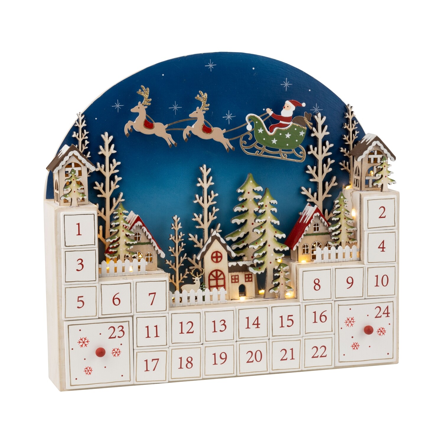 Wood advent drawer calendar table piece, Santa in his sleigh in dark blue sky flying over a village, 14.5 in  2            