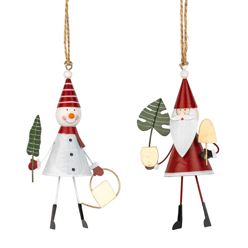 2 Asst'd metal and wood ornament, Santa and snowman holding a green plant with red cone hat, 5.5 in  12 -Z08 -25NP -S04/25