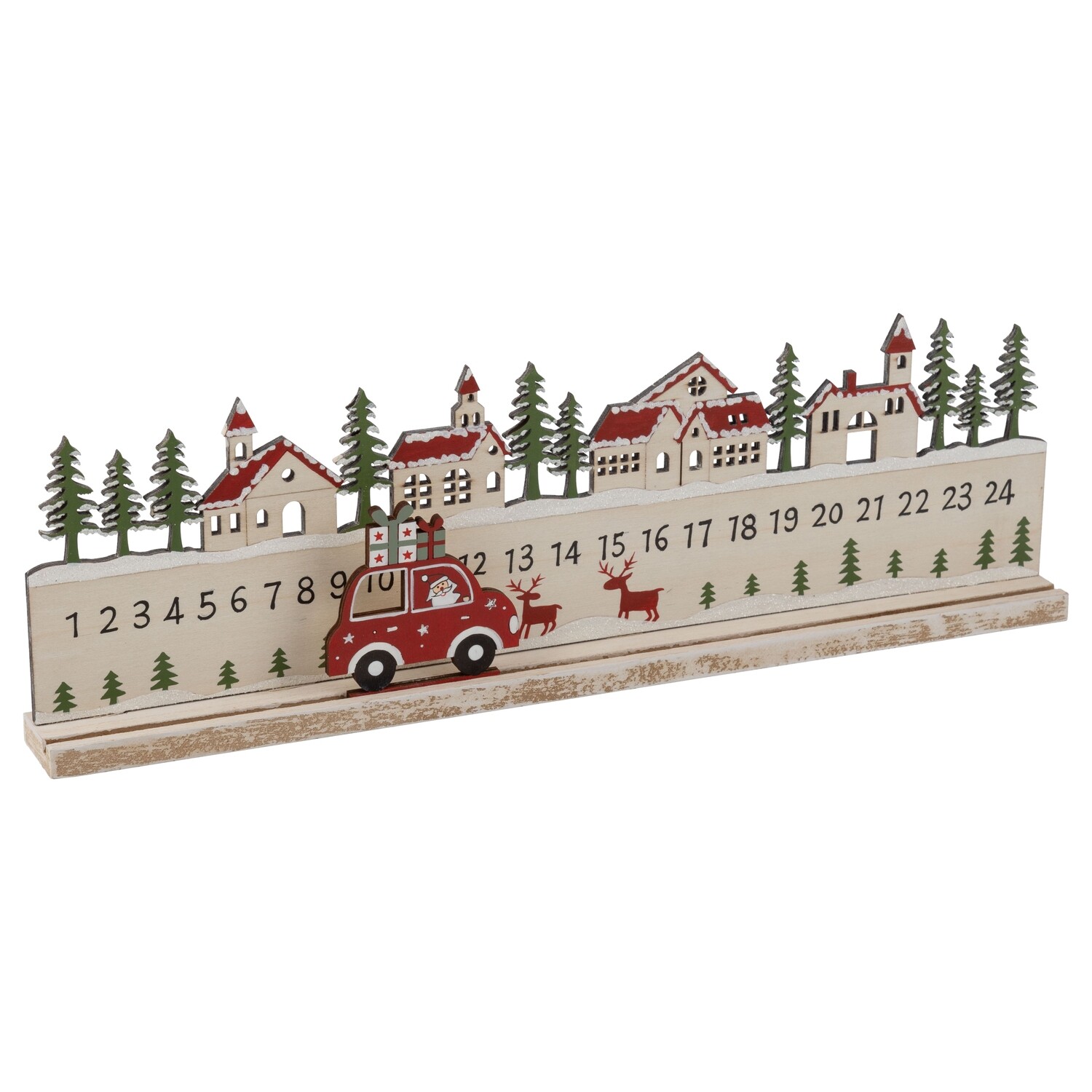 Wood advent calendar table piece, rectangular natural calendar base with Santa in a car, 23 in  2            