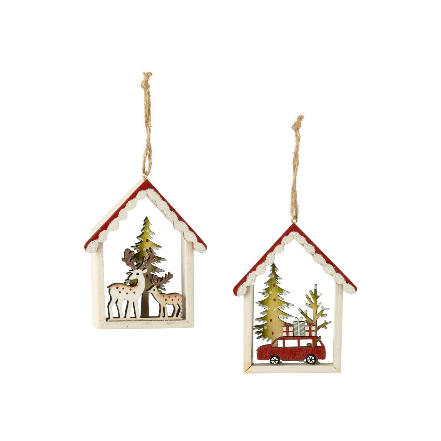 2 Asst'd wood house ornament, red car and white deer on natural wood base, 3 in  12            