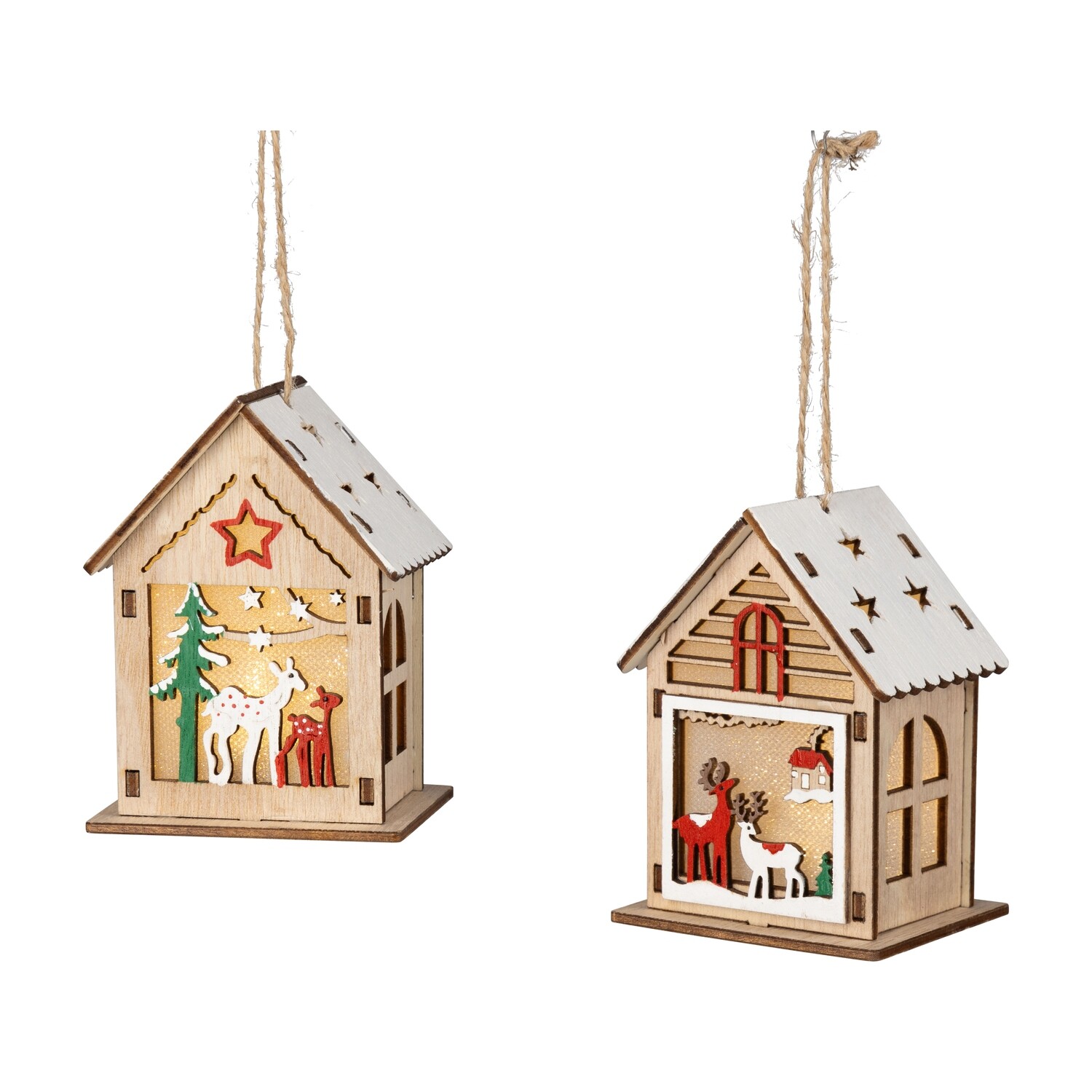2 Asst&#39;d natural wood house with red green and white deer scene LED ornaments, 3.75 in  12            