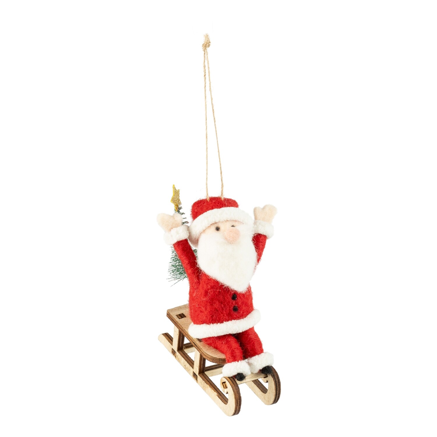 Wood and felt Santa on sleigh ornament, raised arms and green bristle tree on back of sleigh, 5 in  6            