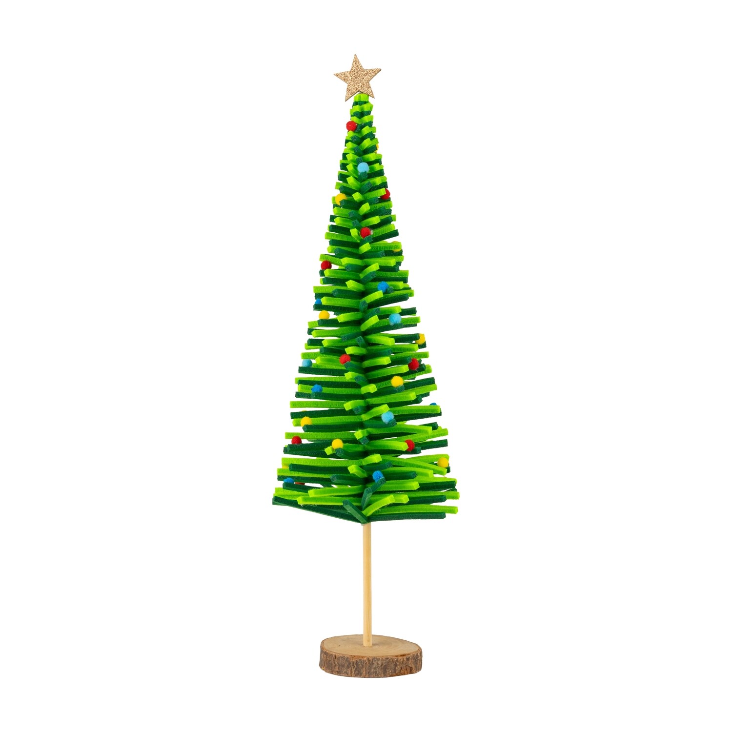 Felt tree table piece, tall green tree with gold star and colorful felt pompoms on wood pedestal base, 21.5 in  4      