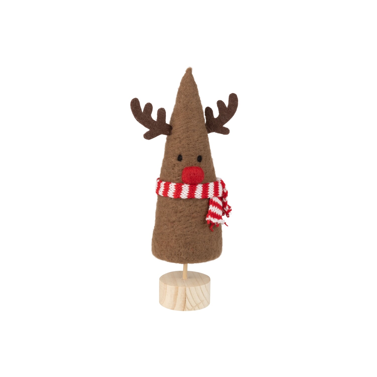 Wood and felt reindeer table piece, brown narrow cone shape on natural wood pedestal base, 11 in  6            