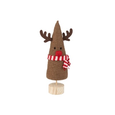 Wood and felt reindeer table piece, brown narrow cone shape on natural wood pedestal base, 11 in  6            