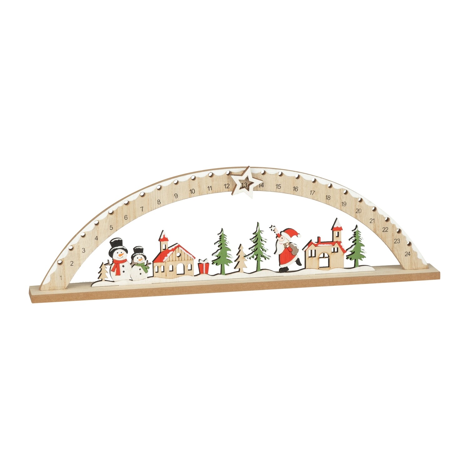 Dome advent calendar table piece, village with Santa, snowman, houses and trees on natural wood base, 16.5 in  6      