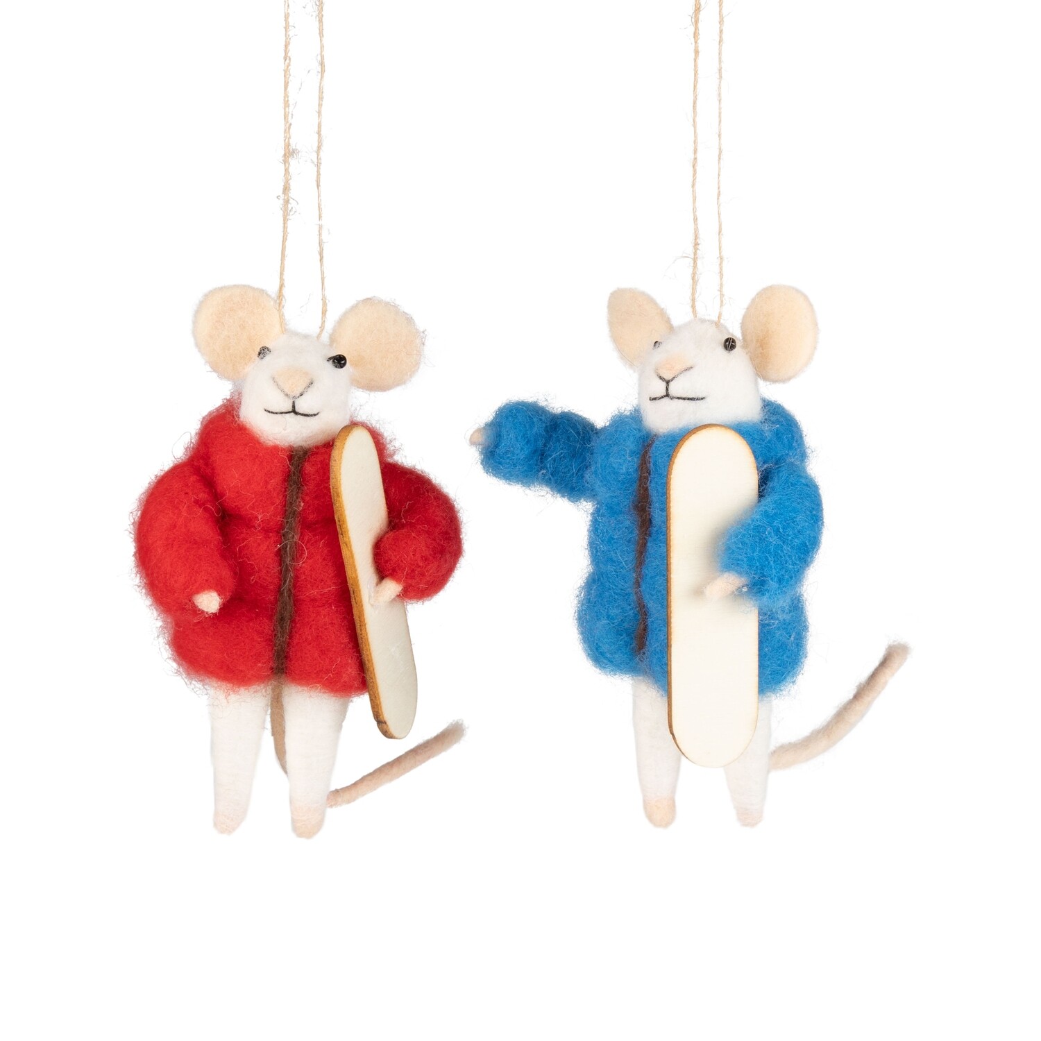 2 Asst'd felt ski boarding mouse ornaments, in red and blue puffy jackets, 5 in  12      