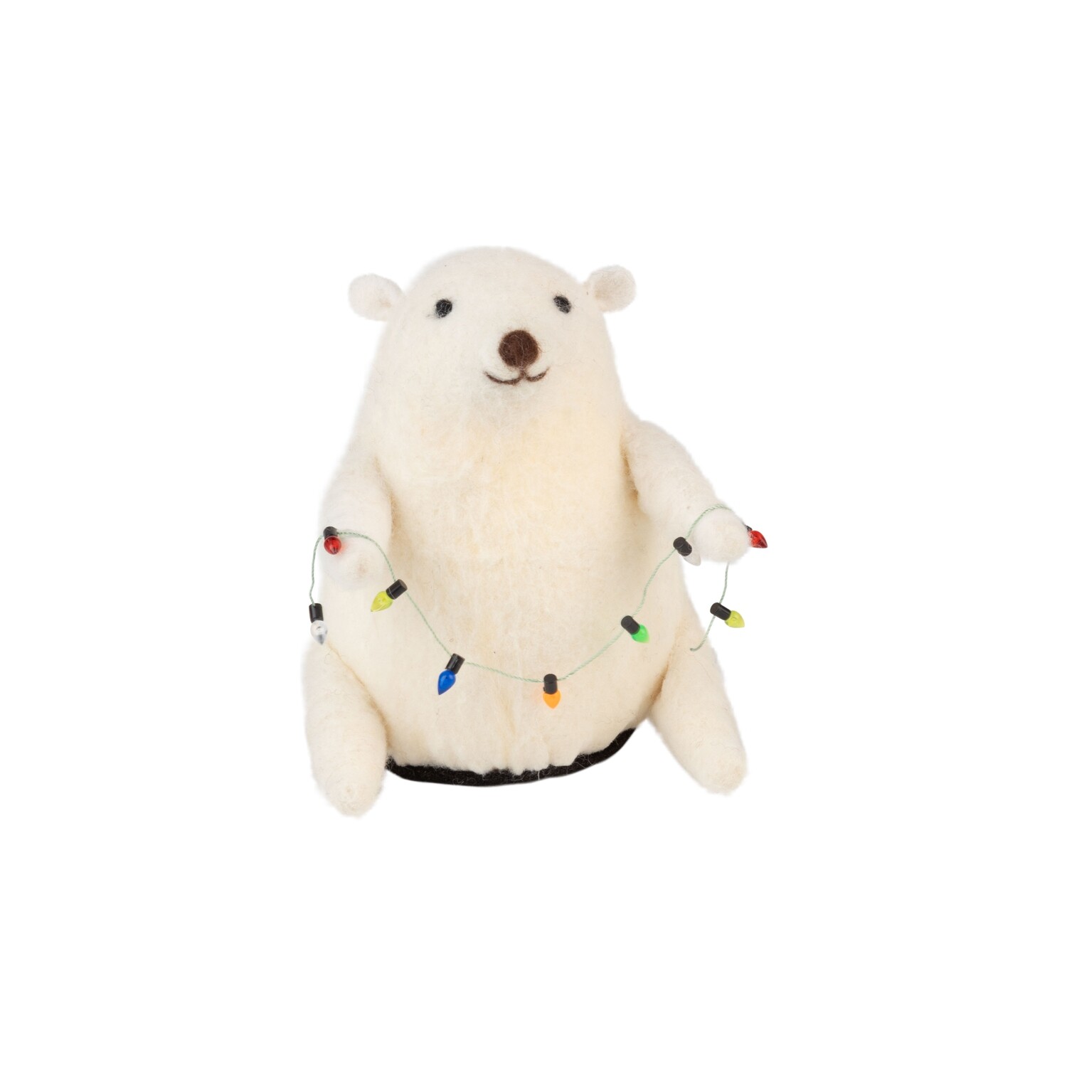 Felt polar bear table piece, sitting white polar bear LED interior holding string of colorful lights, 7.5 in  2      