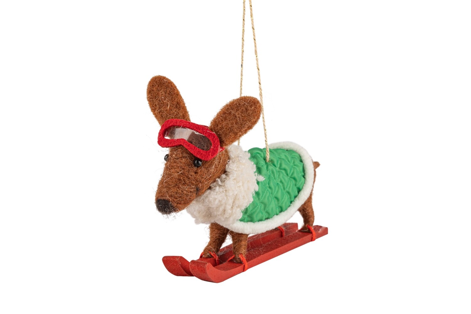 Felt dachshund on skis ornament, green jacket, 5.5 in  6      