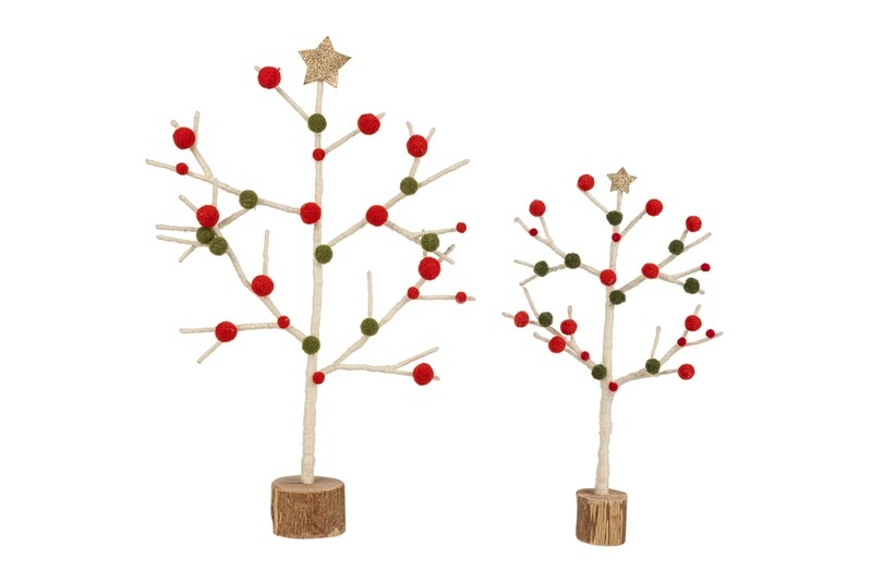 Set of 2 felt tabletop trees on wood base, green and red pompoms on white stem, 8.5 in  4            