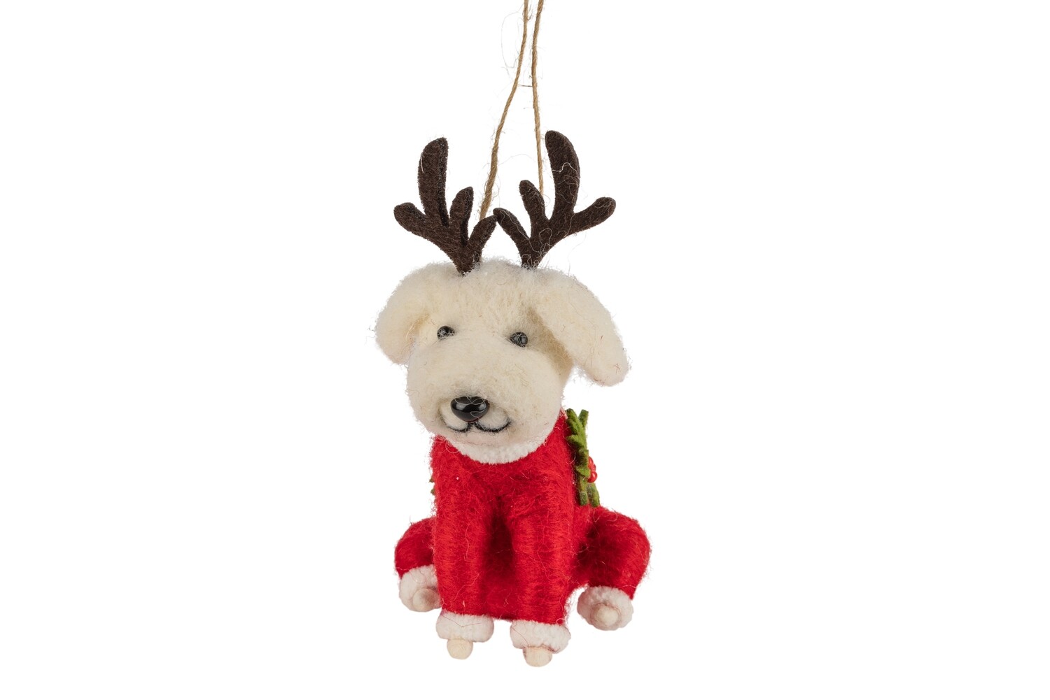 Felt baby white puppy ornament with antlers in red sweater, 4.5 in  6      