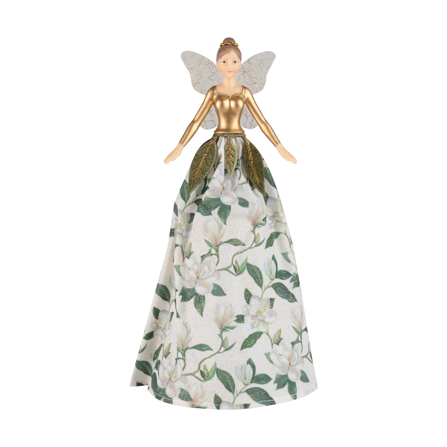 Magnolia fairy table piece and tree topper, standing in full length white with magnolia print dress, 10 in  3            
