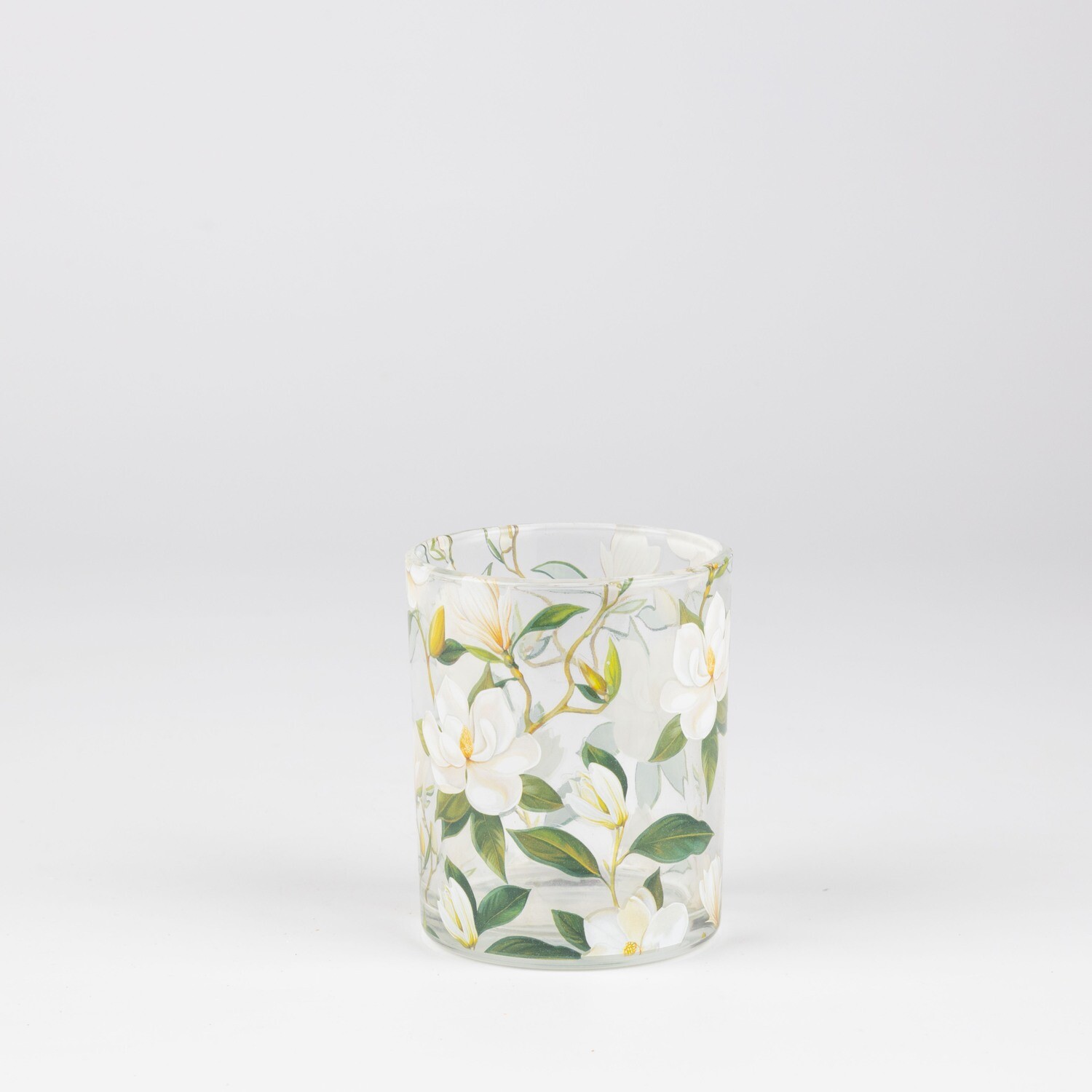 Glass t-light holder, clear glass with white and green magnolia flower, 3 in  6            