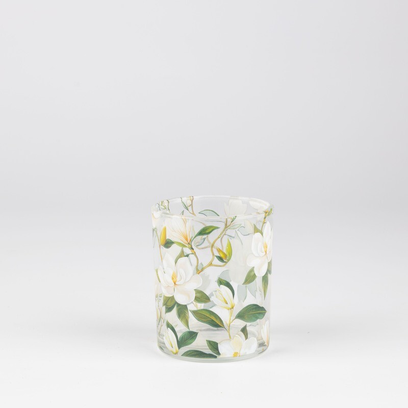 Glass t-light holder, clear glass with white and green magnolia flower, 3 in  6            