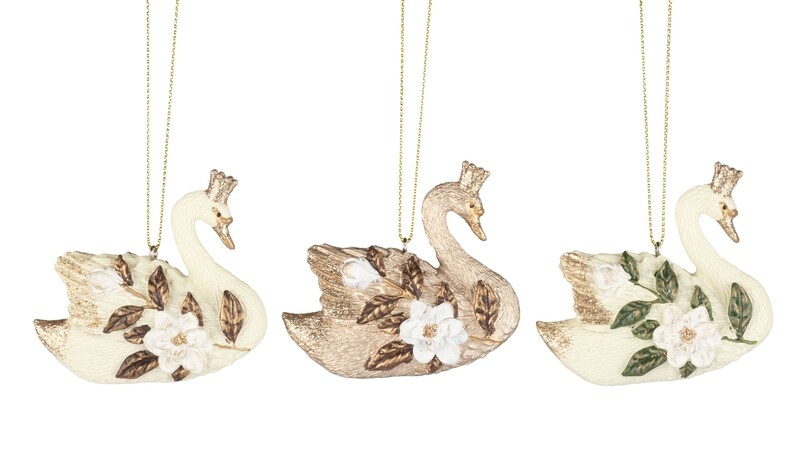 2 Asst&#39;d resin swan ornament, magnolia flower with gold crown, 3.75 in  12            